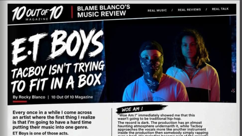 Magazine feature spread of ET Boys in 10 Out Of 10 Magazine reviewed by Rocky Blanco, highlighting Tacboy, Sharkeyes, and Monsie with an 8.7 out of 10 score for their Nu Pop sound.