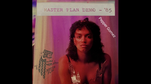 Pepper Gomez archival portrait featured on the artwork for Master Plan Demo - '85 release, wearing a sequined outfit under pink lighting with the band logo.